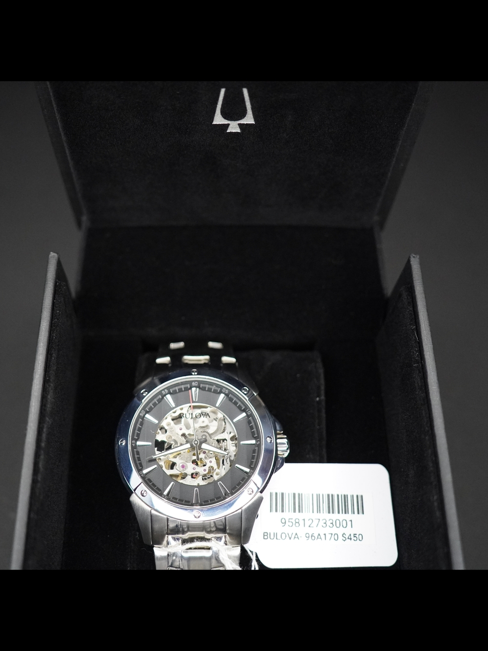 Bulova 96A170 Automatic Skeleton 21 Jewel Stainless Steel Wristwatch Box + Tags